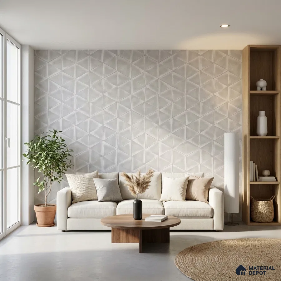 Scandinavian living room with geometric 3D wall panels and light wood shelving