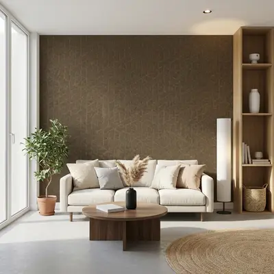 Scandinavian living room with geometric brown wallpaper, light wood shelving, and beige fabric sofa