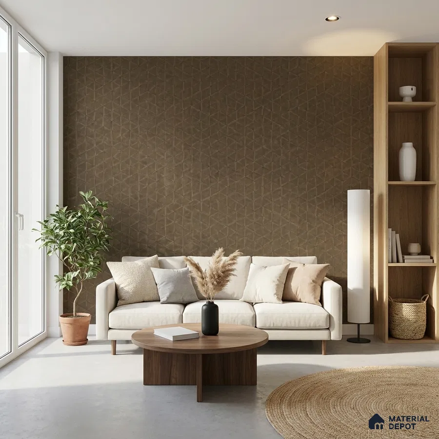 Scandinavian living room with geometric brown wallpaper, light wood shelving, and beige fabric sofa