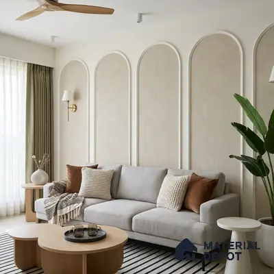 Scandinavian living room with beige textured wall panels and light oak coffee tables
