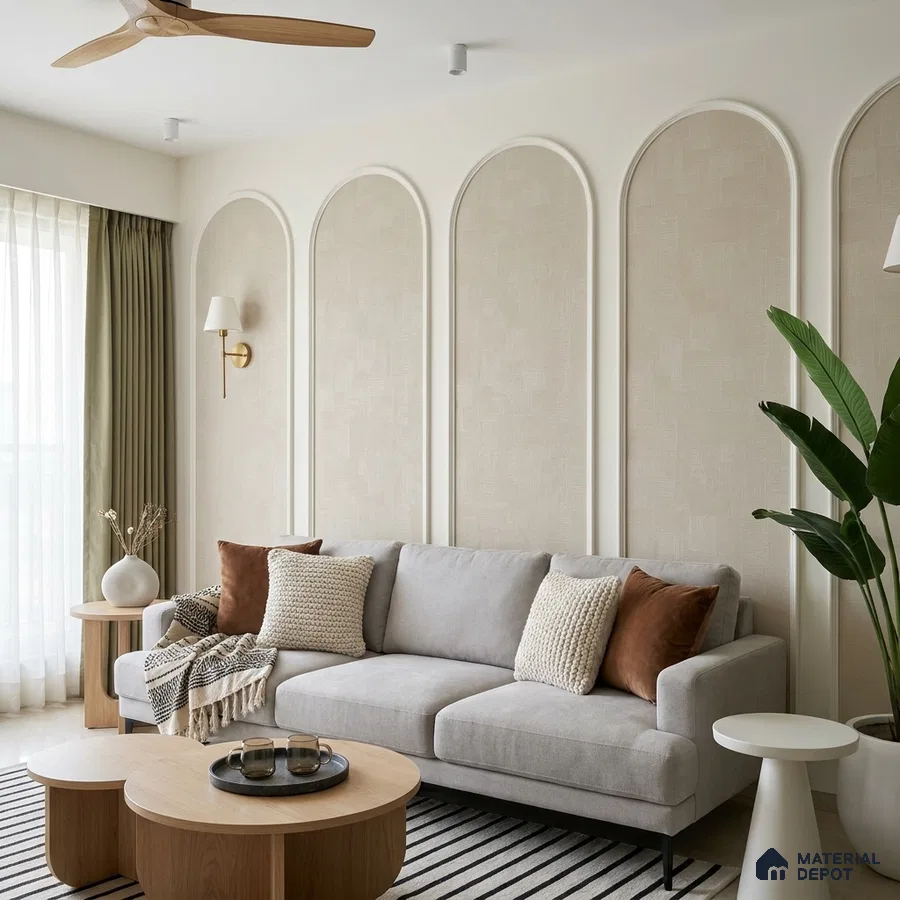 Scandinavian living room with beige textured wall panels and light oak coffee tables