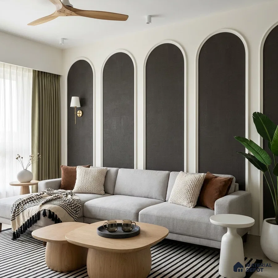 Scandinavian living room with arched wall panels, light wood tables, and grey fabric sofa