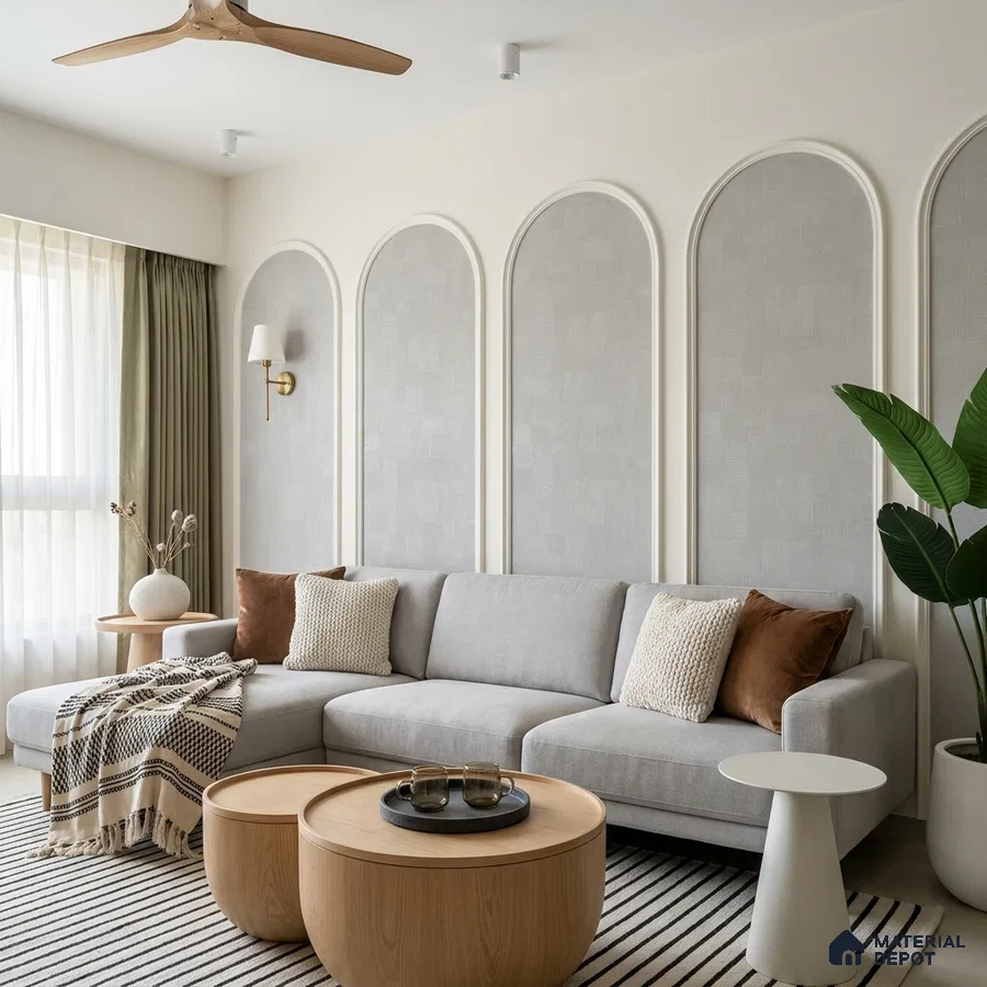 Scandinavian living room with light grey fabric sofa, arched wall panels, and natural wood coffee tables