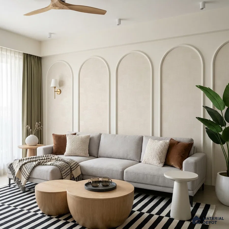Scandinavian living room with beige textured wall panels and light oak coffee tables