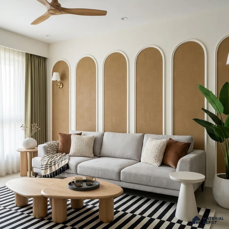 Scandinavian living room with beige fabric wall panels and light oak coffee table