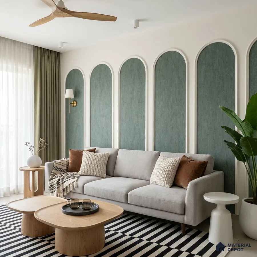 Scandinavian living room with sage green textured wall panels and light oak coffee tables