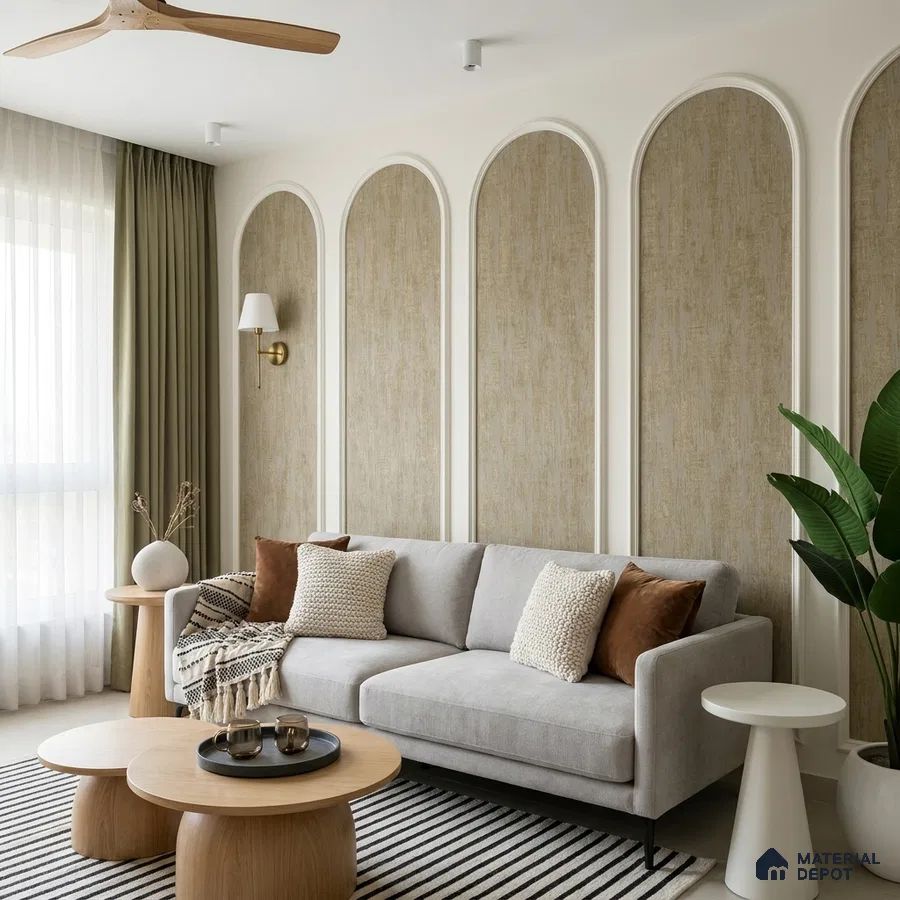 Scandinavian living room with textured beige wallpaper, light wood tables, and arched wall panels