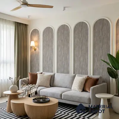 Scandinavian living room with grey textured wallpaper, light wood coffee tables, and striped rug