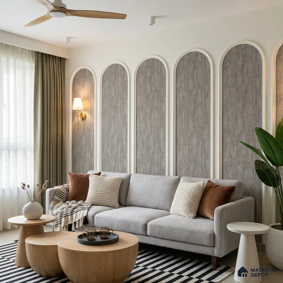 Scandinavian living room with grey textured wallpaper, light wood coffee tables, and striped rug