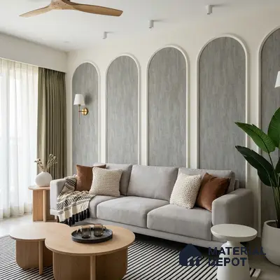 Scandinavian living room with grey textured wallpaper panels and light oak coffee tables