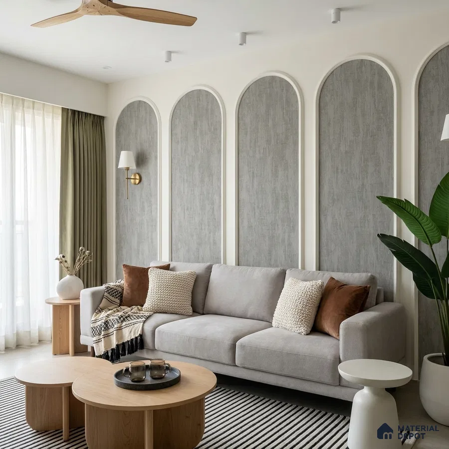 Scandinavian living room with grey textured wallpaper panels and light oak coffee tables