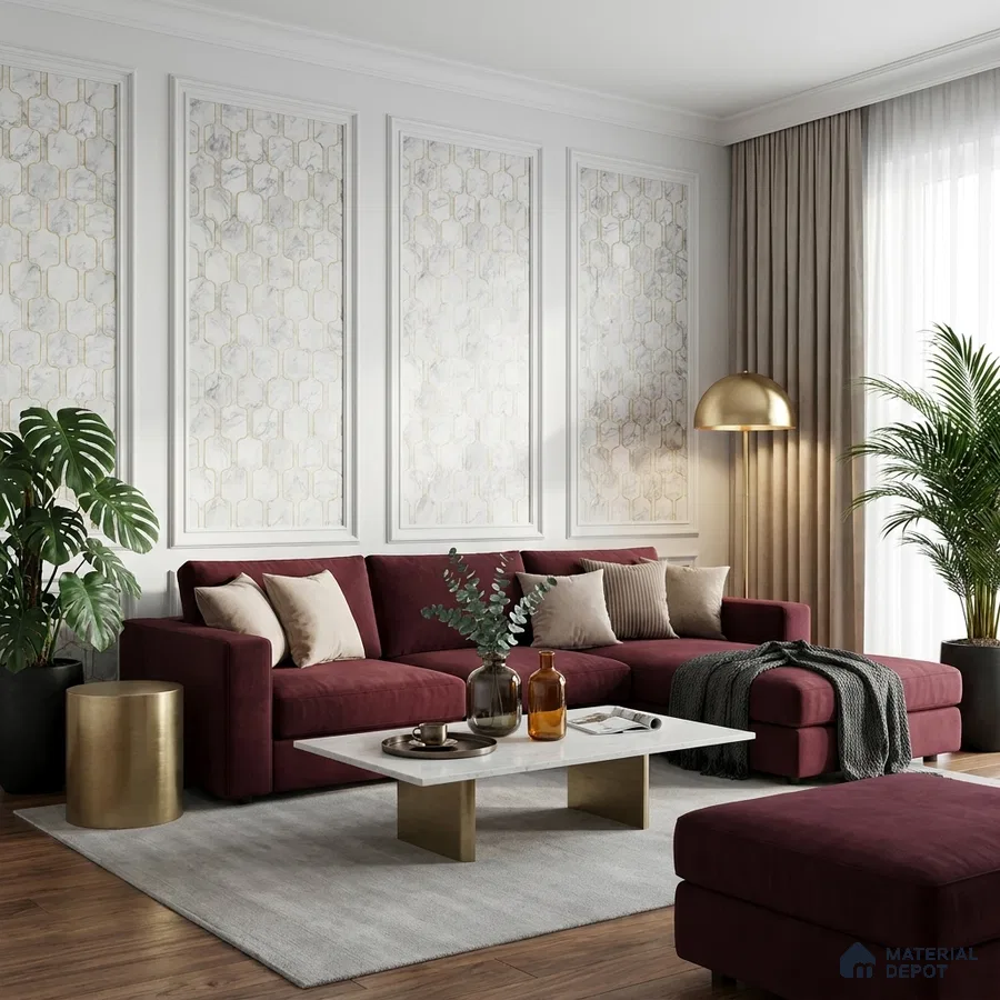 Modern living room with burgundy suede sofa, marble geometric wall panels, and gold accents