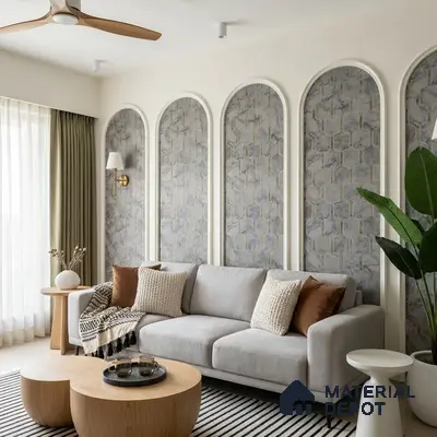 Scandinavian living room with geometric marble wallpaper panels and light oak wood tables