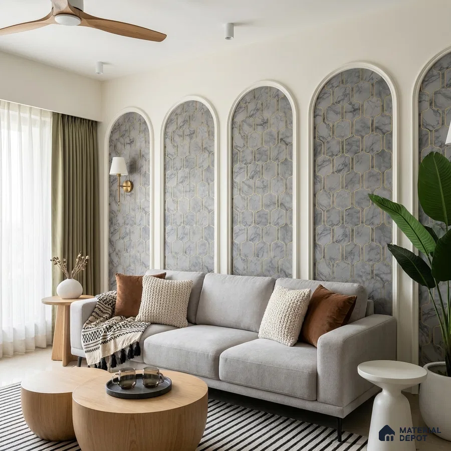Scandinavian living room with geometric marble wallpaper panels and light oak wood tables