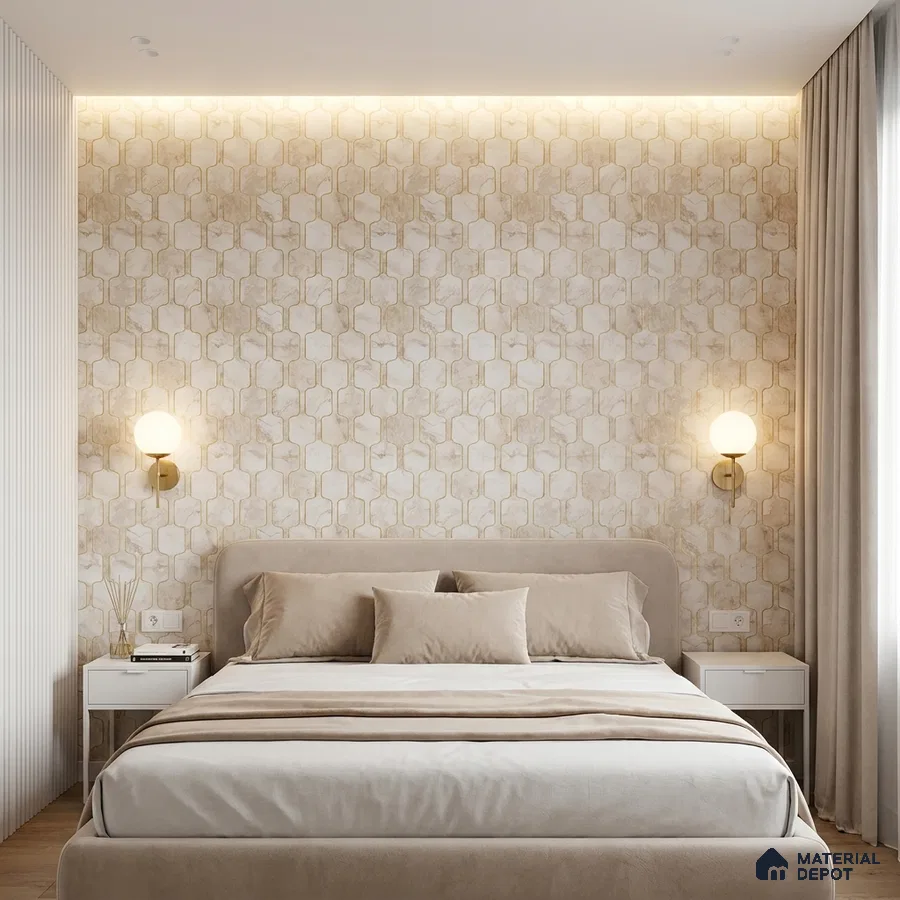 Minimalist bedroom with beige geometric wallpaper and suede upholstered bed