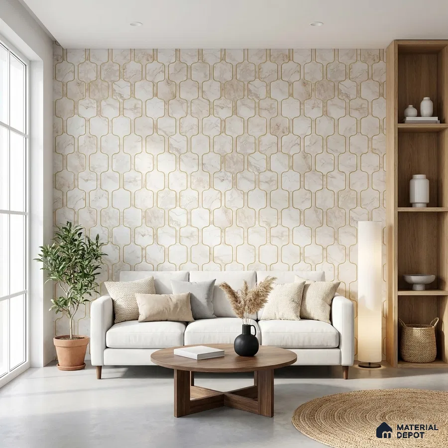 Scandinavian living room with geometric beige wallpaper and natural wood accents