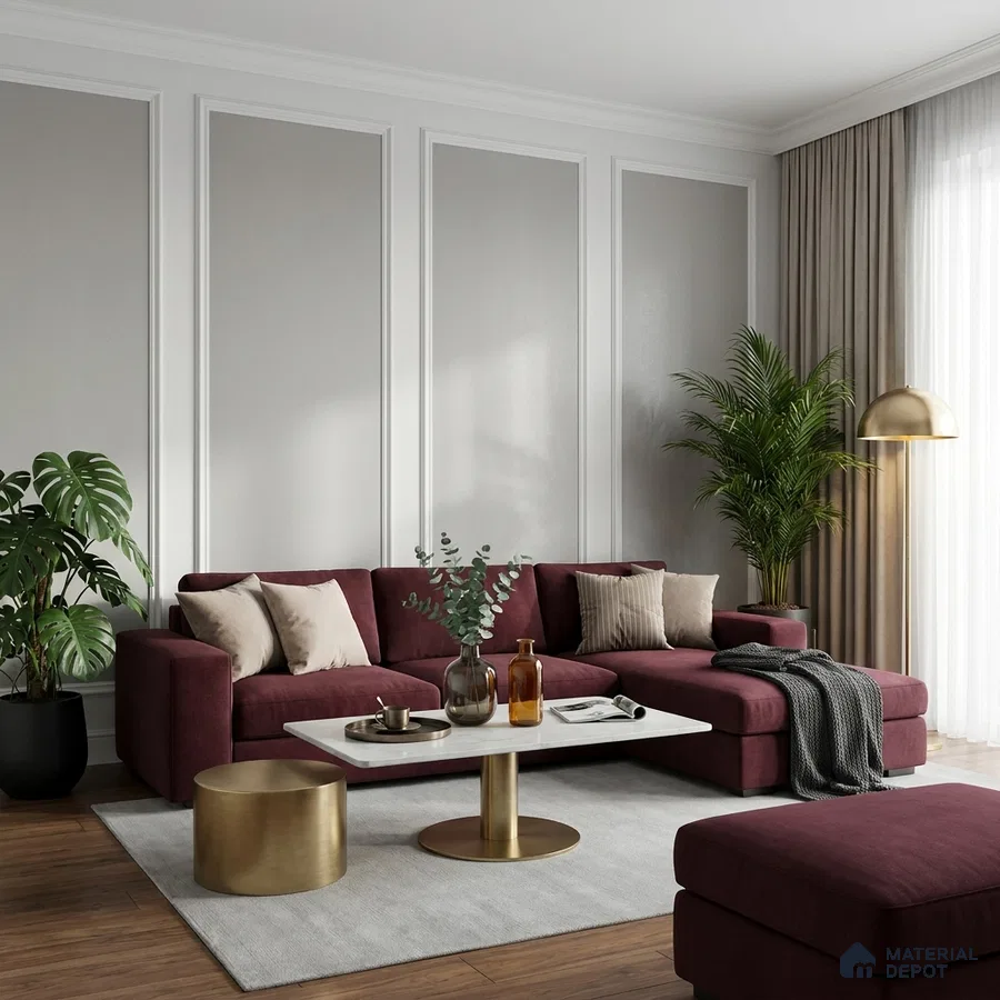 Modern living room with burgundy suede sofa, white panelled wall, and gold accent tables