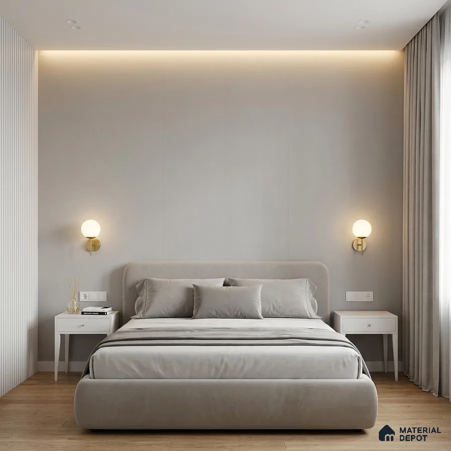 Minimalist bedroom with suede upholstered bed, light grey wall panels, and natural wood flooring