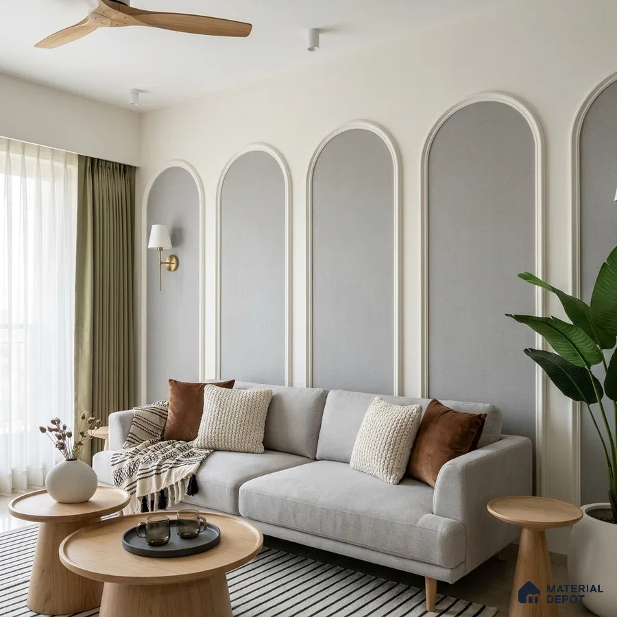 Scandinavian living room with grey fabric wall panels and light oak wood tables