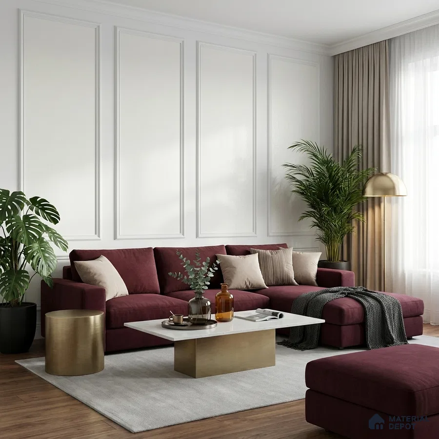 Modern living room with burgundy velvet sofa, white panelled wall, and brass accents