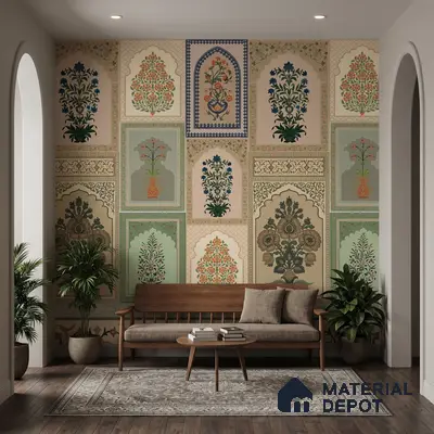 Traditional living room with Indian floral patterned wallpaper and wooden sofa