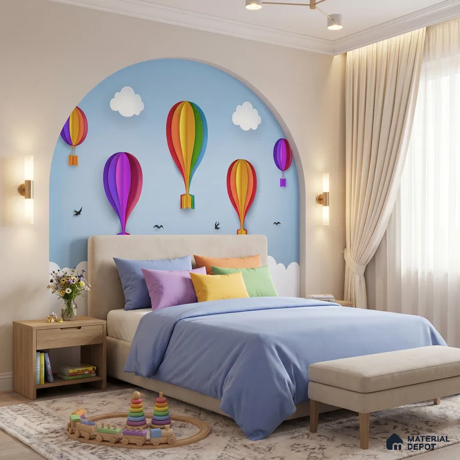 Modern kids room with pastel wall mural, light wood furniture, and playful decor