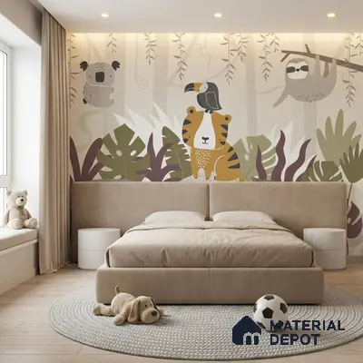 Scandinavian kids room with animal jungle wallpaper and beige suede upholstered bed