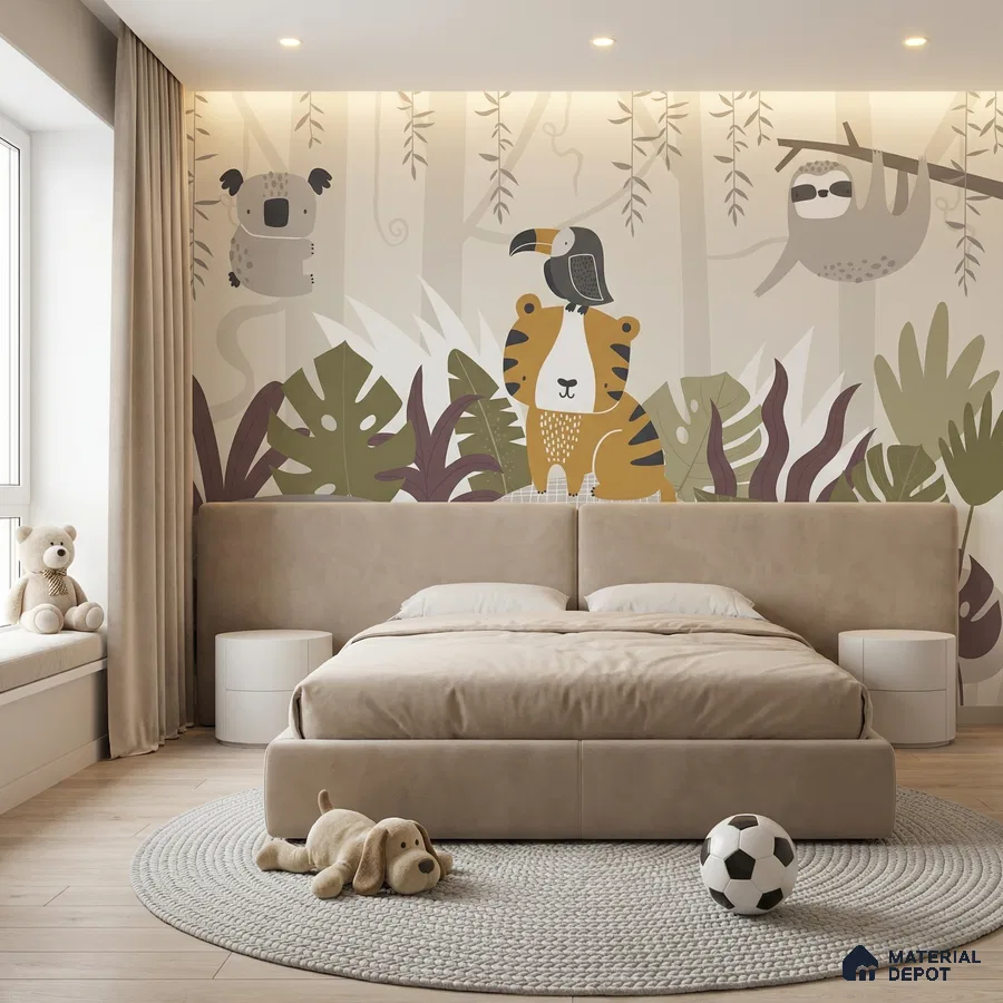 Scandinavian kids room with animal jungle wallpaper and beige suede upholstered bed