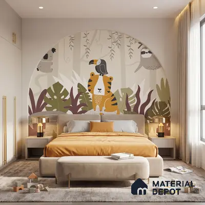 Modern kids room with jungle-themed animal wallpaper, beige upholstered bed, and matte beige cabinetry