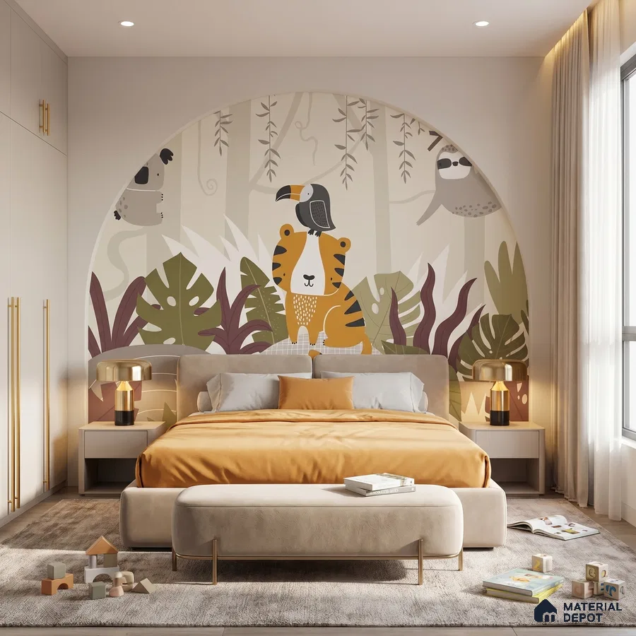 Modern kids room with jungle-themed animal wallpaper, beige upholstered bed, and matte beige cabinetry