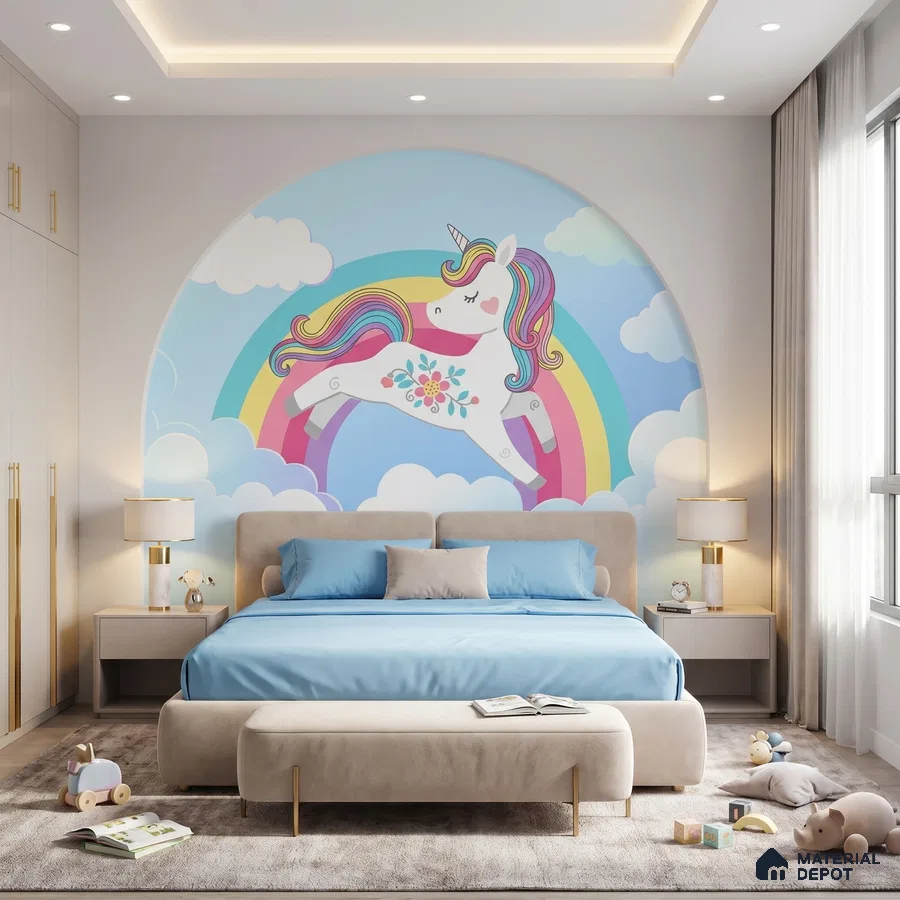 Modern kids room with unicorn rainbow mural wallpaper, beige laminate wardrobe, and pastel blue bedding