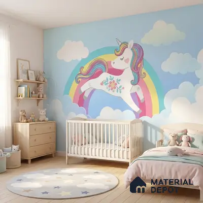 Scandinavian kids room with unicorn mural wallpaper and light wood flooring