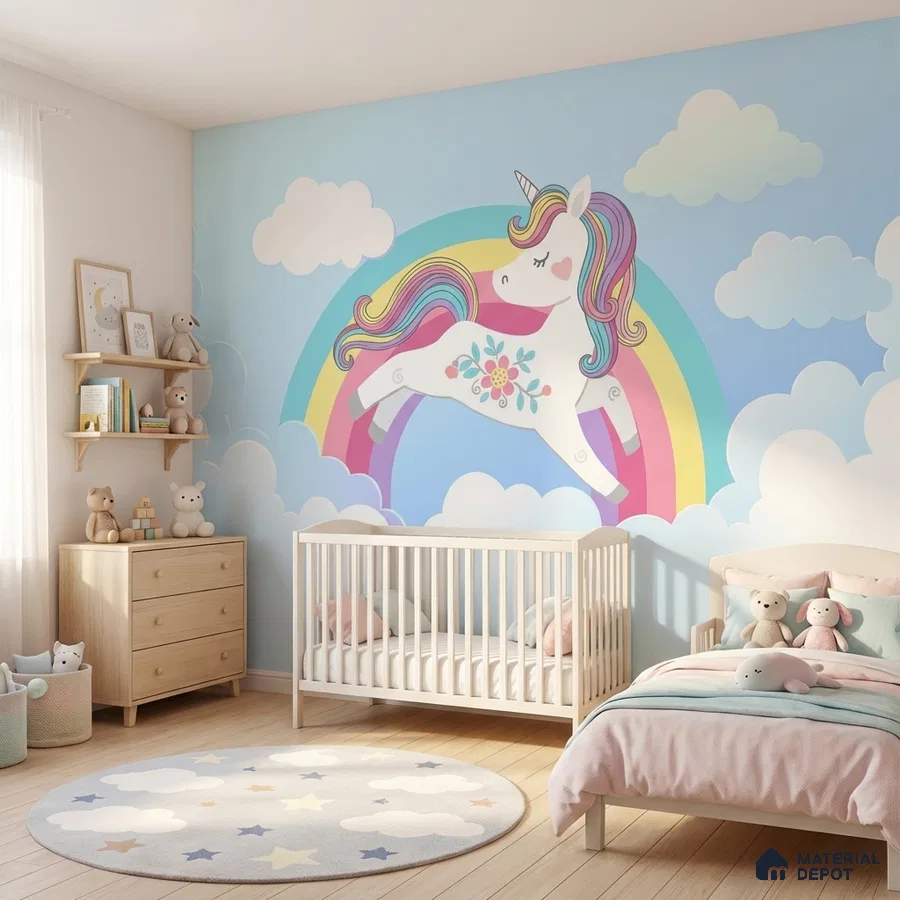Scandinavian kids room with unicorn mural wallpaper and light wood flooring