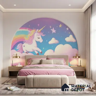 Modern kids room with unicorn mural wallpaper, pastel pink bedding, and beige upholstered bed