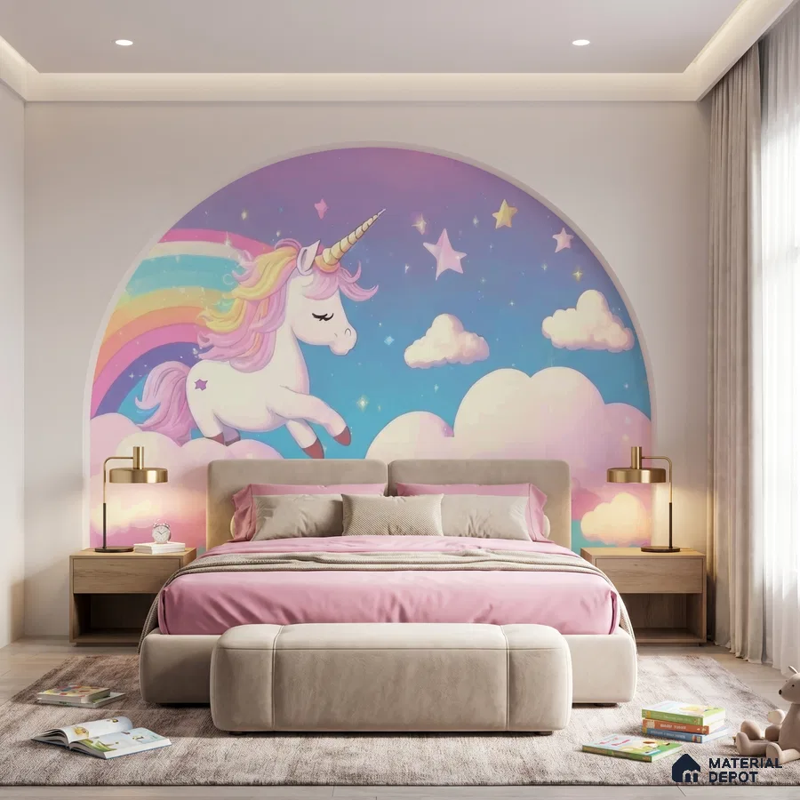Modern kids room with unicorn mural wallpaper, pastel pink bedding, and beige upholstered bed