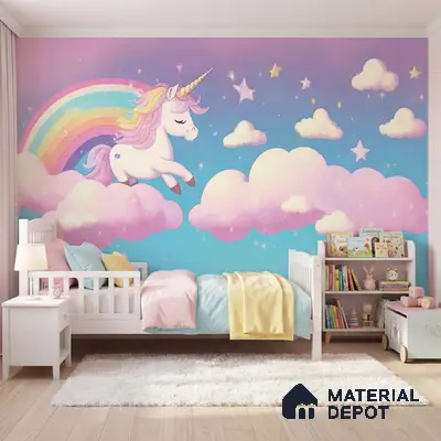 Eclectic kids room with unicorn rainbow mural wallpaper and light wood flooring