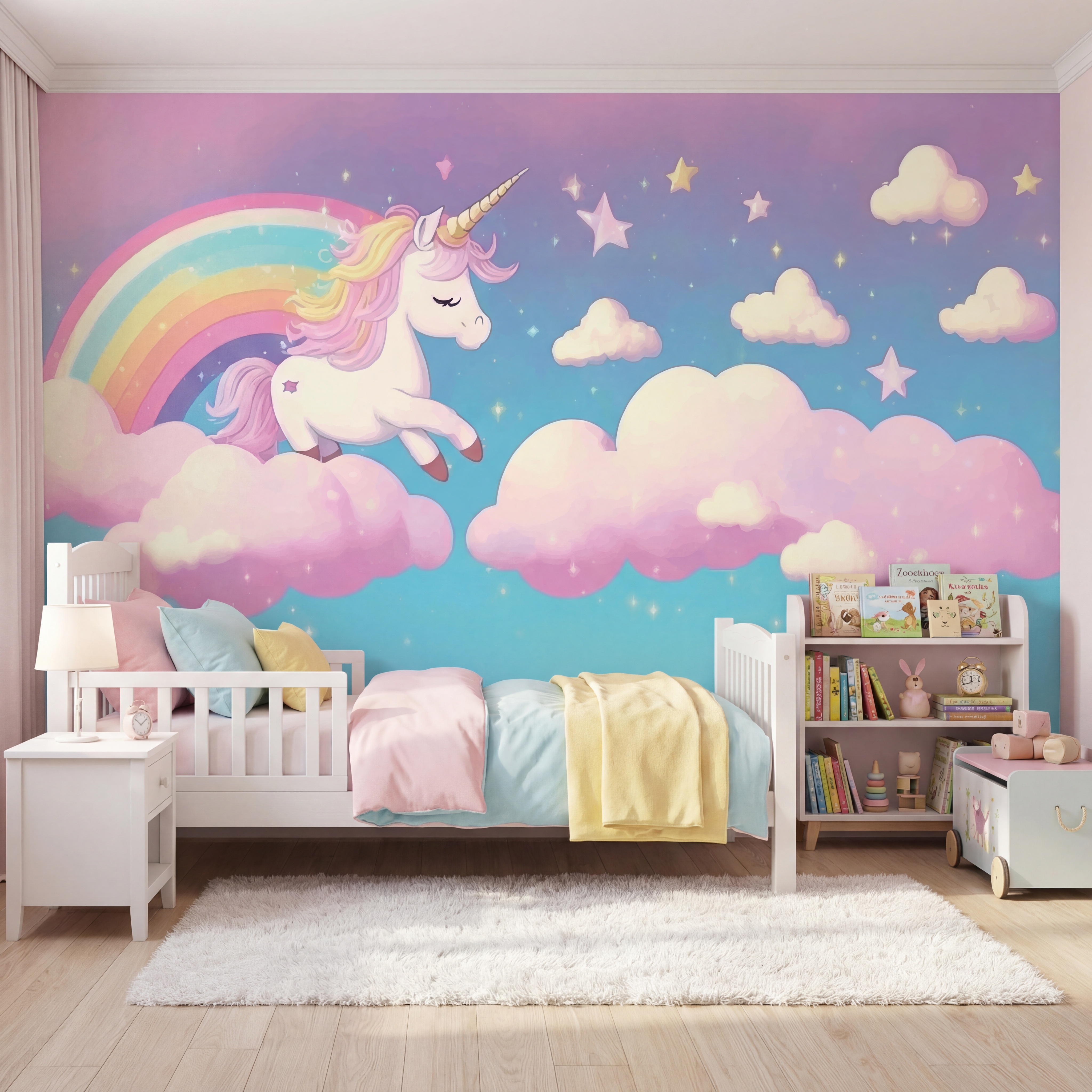 Eclectic kids room with unicorn rainbow mural wallpaper and light wood flooring