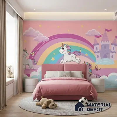 Modern kids room with pastel unicorn mural wallpaper and blush pink upholstered bed