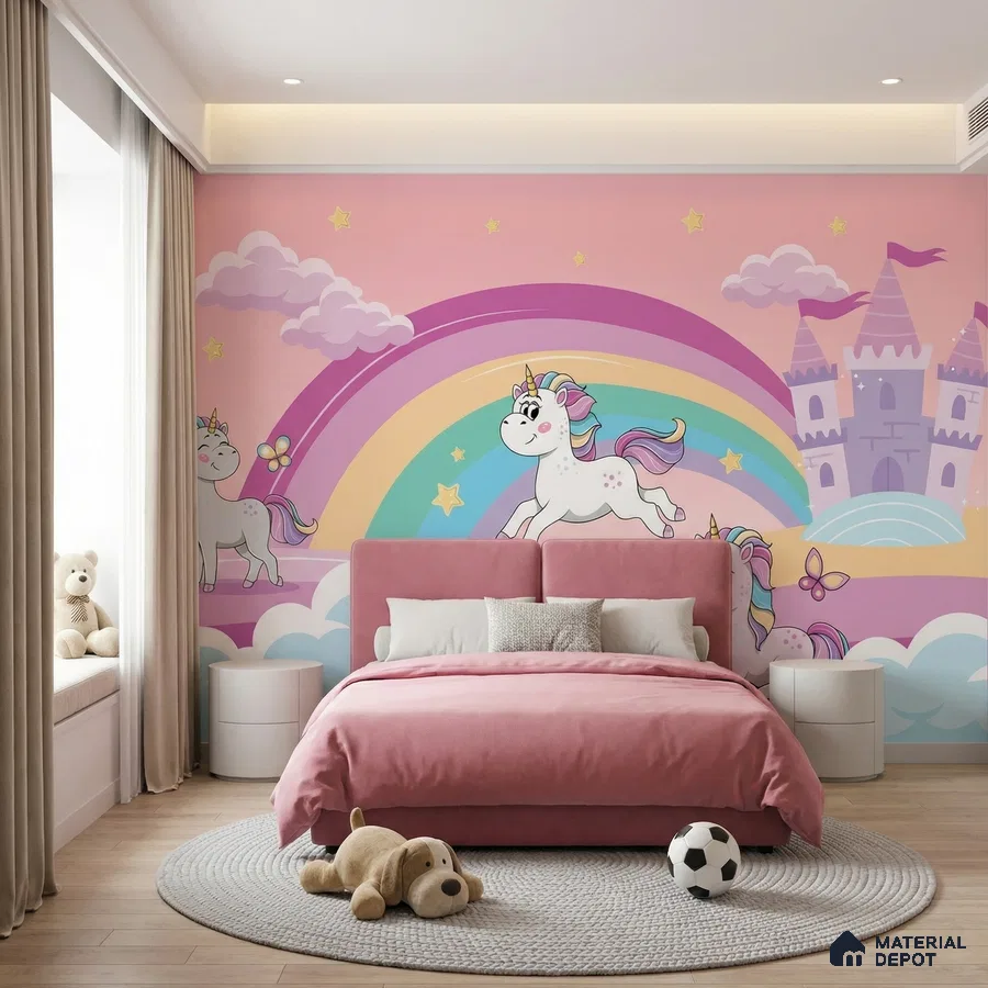 Modern kids room with pastel unicorn mural wallpaper and blush pink upholstered bed