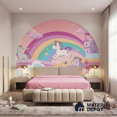Modern kids room with unicorn rainbow mural wallpaper and blush pink bedding
