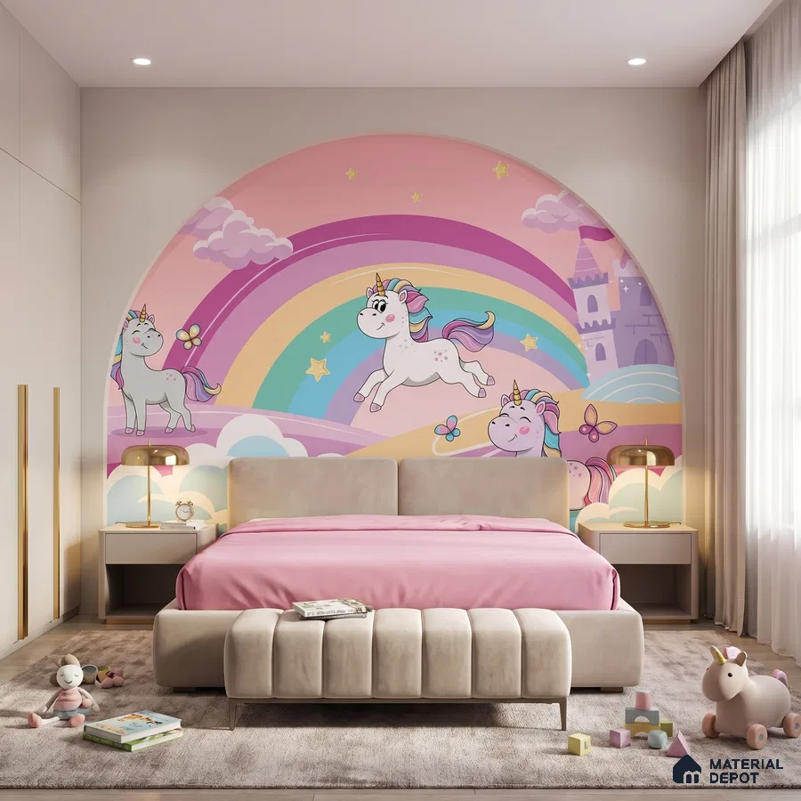Modern kids room with unicorn rainbow mural wallpaper and blush pink bedding