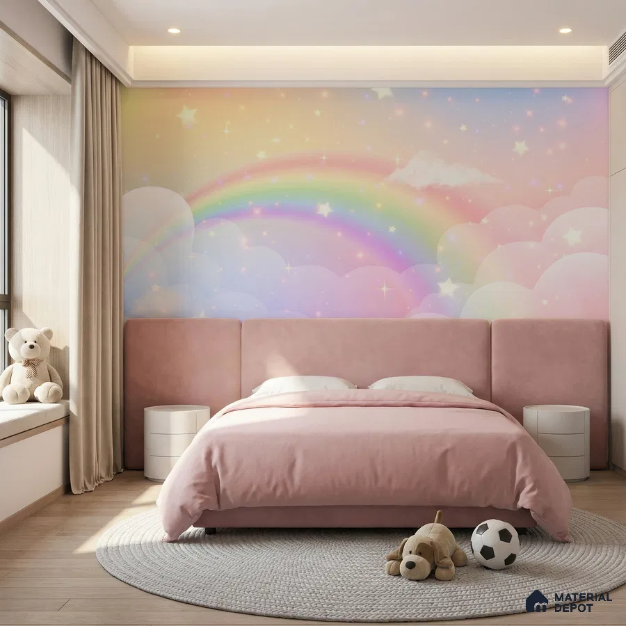 Minimalist kids room with pastel rainbow wallpaper and blush pink suede upholstered bed