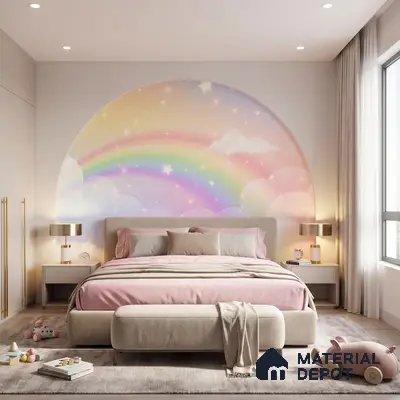 Modern kids bedroom with pastel rainbow wallpaper and blush pink upholstery