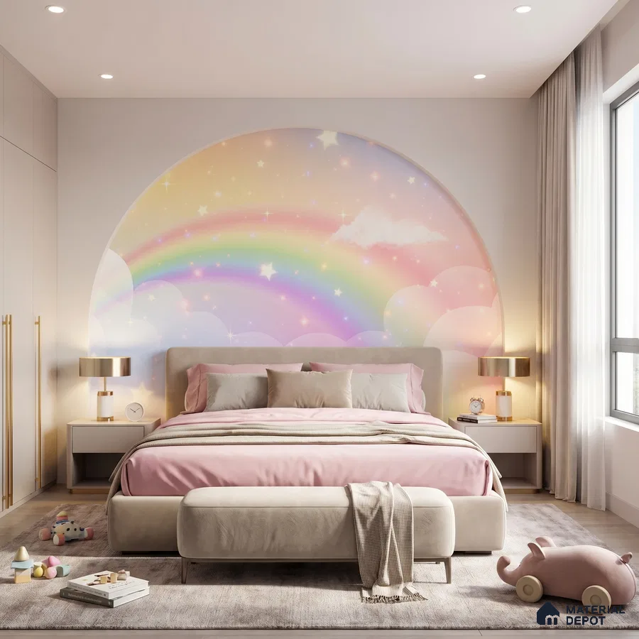 Modern kids bedroom with pastel rainbow wallpaper and blush pink upholstery