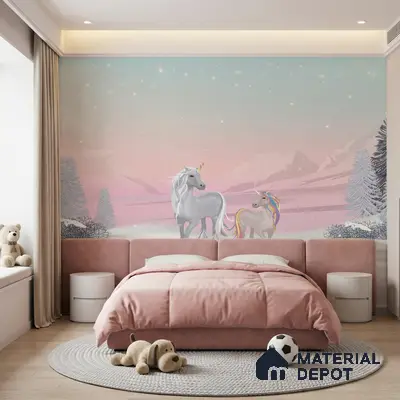 Modern kids room with pastel unicorn mural wallpaper and blush pink suede upholstered bed