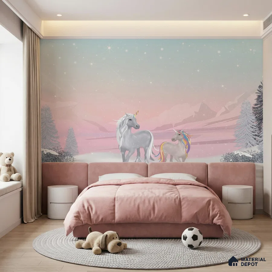 Modern kids room with pastel unicorn mural wallpaper and blush pink suede upholstered bed