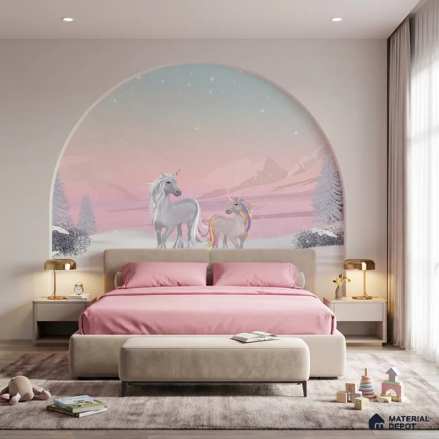 Minimalist kids room with unicorn pastel mural wallpaper and blush pink bedding