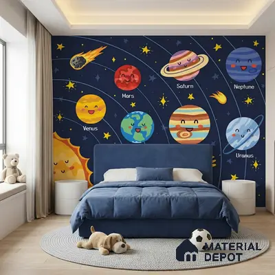Modern kids room with space-themed wallpaper and blue upholstered bed