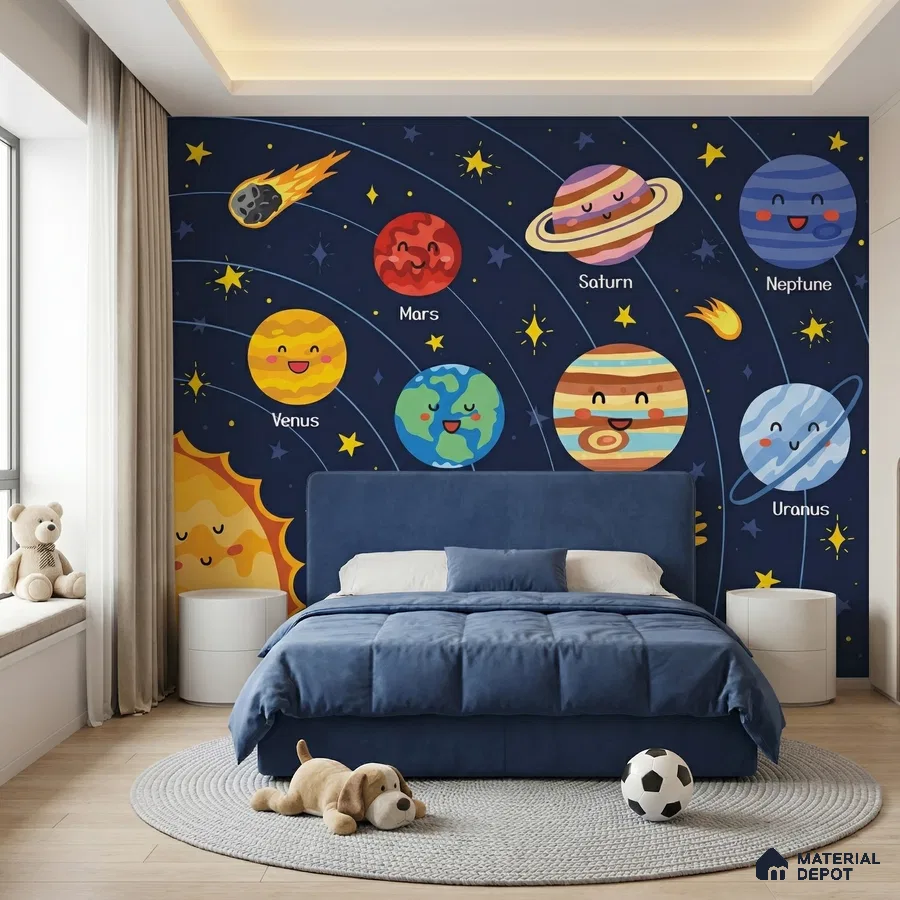 Modern kids room with space-themed wallpaper and blue upholstered bed
