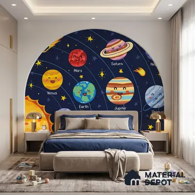 Modern kids room with space-themed mural wallpaper and upholstered bed